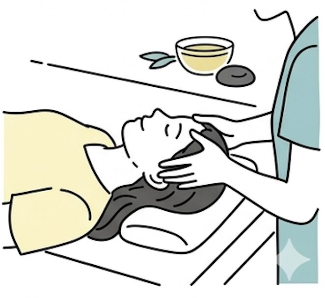 大分・別府の出張マッサージでヘッドマッサージを受けてリラックスする女性のイメージ